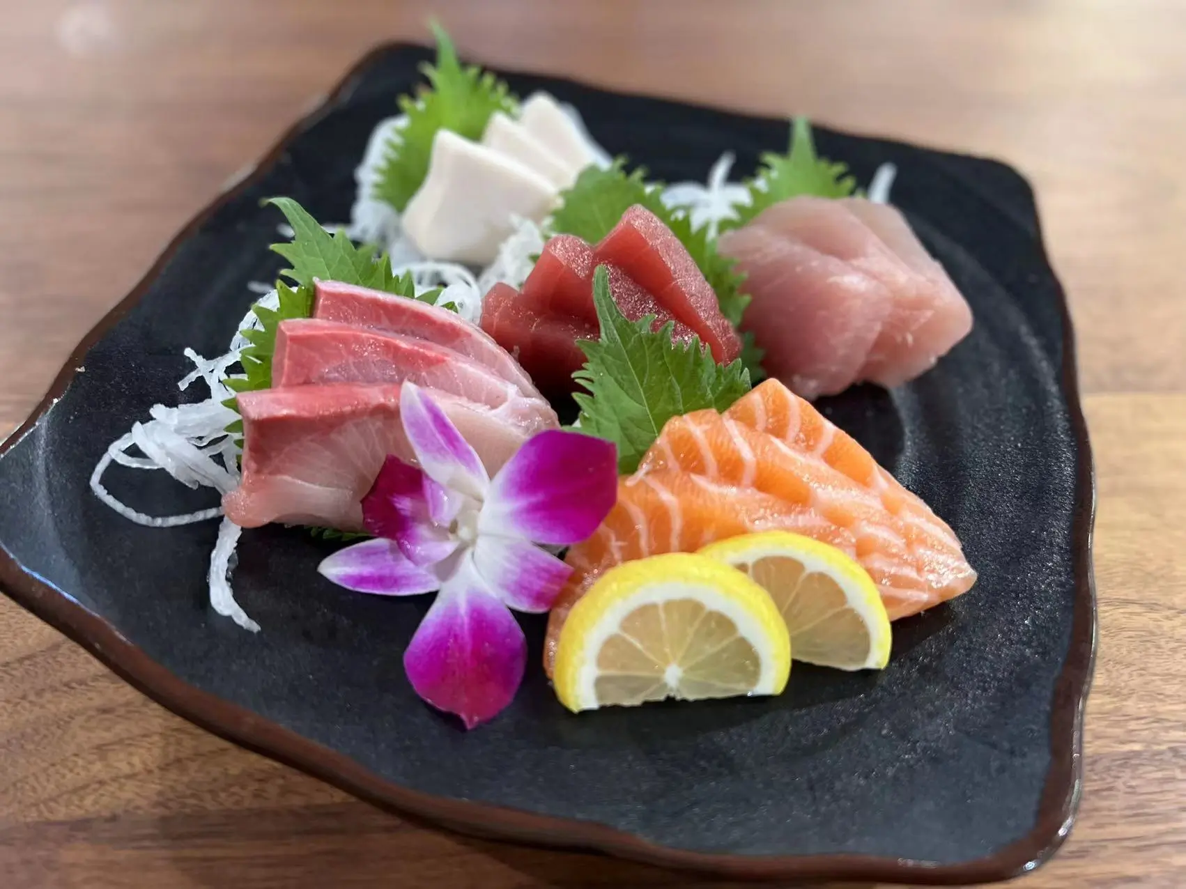 Okini-Sushi-Japanese-Restaurant-Sashimi-Deluxe-Pleasant-Hill 15pcs assorted Sashimi chef's choices at Okini Sushi,a Japanese Restaurant in Pleasant Hill
